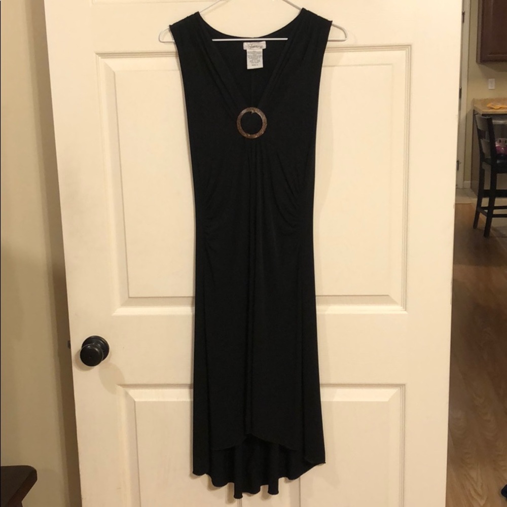 Black dress with ruching and wood detail